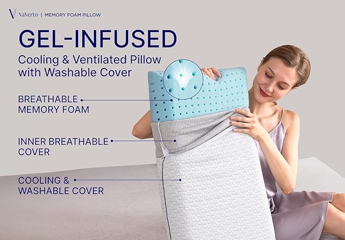 Vaverto Standard Size Gel Memory Foam Pillow - Ventilated, Orthopedic, Bed Pillow, Cooling, with Viscose Made from Bamboo Cover - Essential for College Dorms