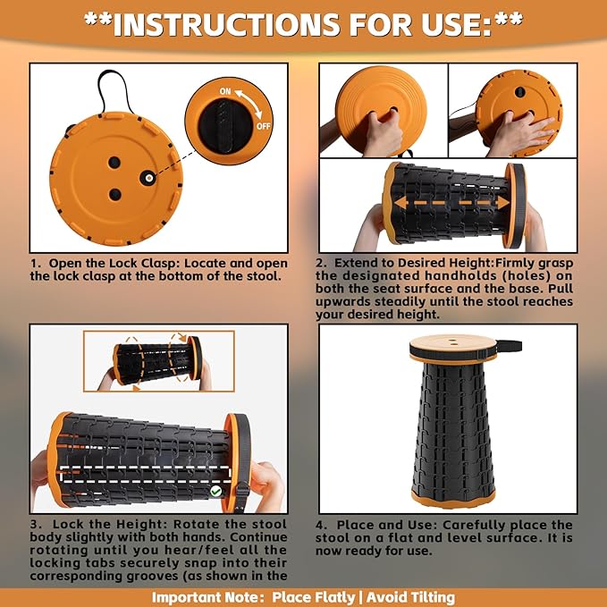 Collapsible Stool - Lightweight Portable Folding Stool for Camping, 330lb Capacity Telescoping Stool Adjustable Height(2.3-17.7") for Camping Fishing Travel