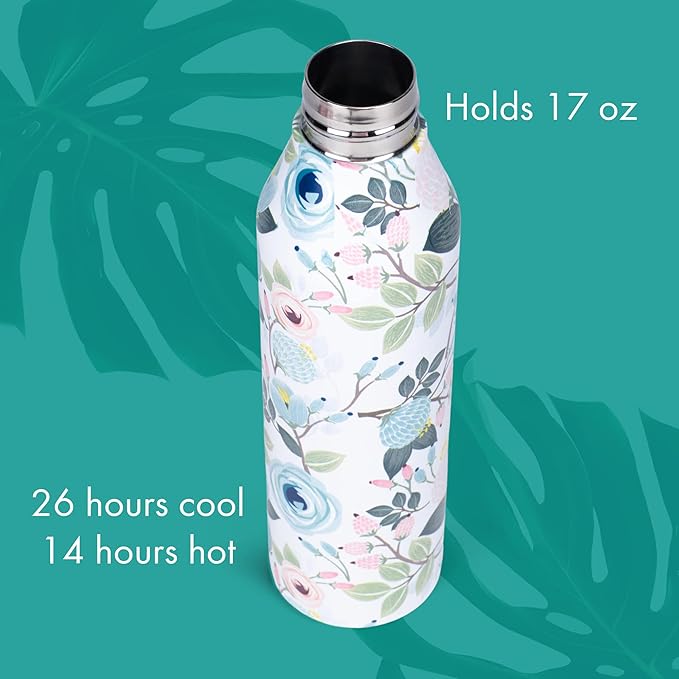 Peach Floral 17 Ounce Stainless Steel Screw Top Lid Double Wall Insulated Canteen Bottle