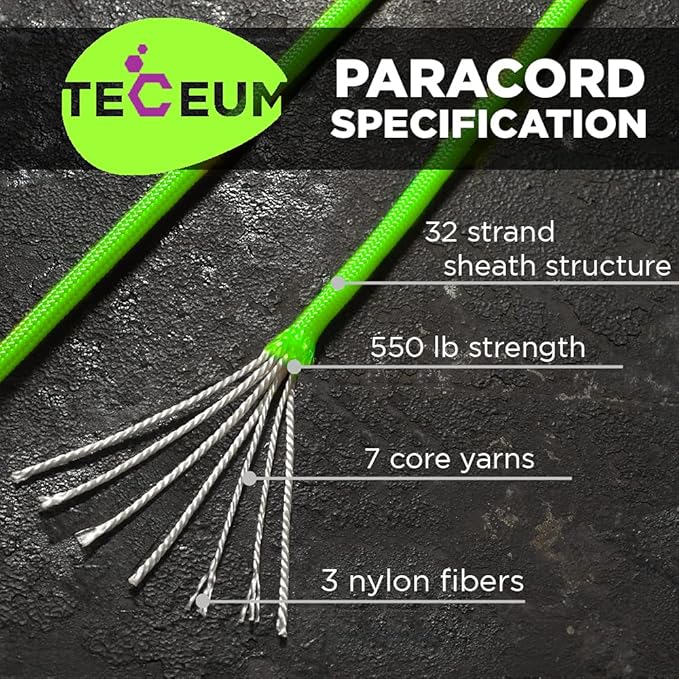 TECEUM 5/32" Paracord Rope 1000 – 1000ft / 200ft / 100ft / 50ft – Tactical Parachute Cord 4mm – 45+ Colors – Nylon String for Survival & Camping Gear – Stripe Cord for Survival – Utility Rope