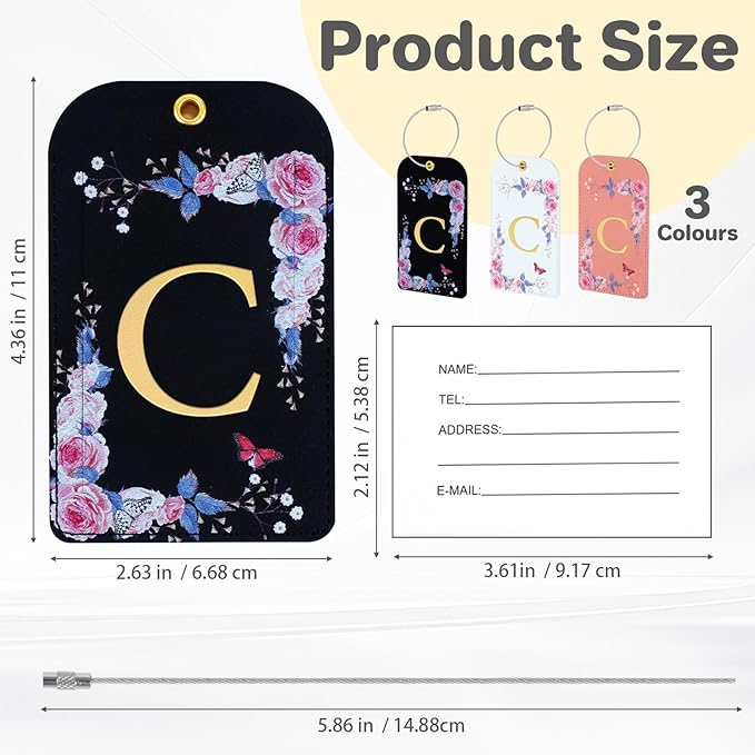 3 Pack Luxury Floral Luggage Tags, Durable PU Leather Suitcase Tags with Stainless Steel Cable Strap, Hidden ID Slot for Privacy Protection, Easy to Identify Waterproof Travel Accessories Gift (C)