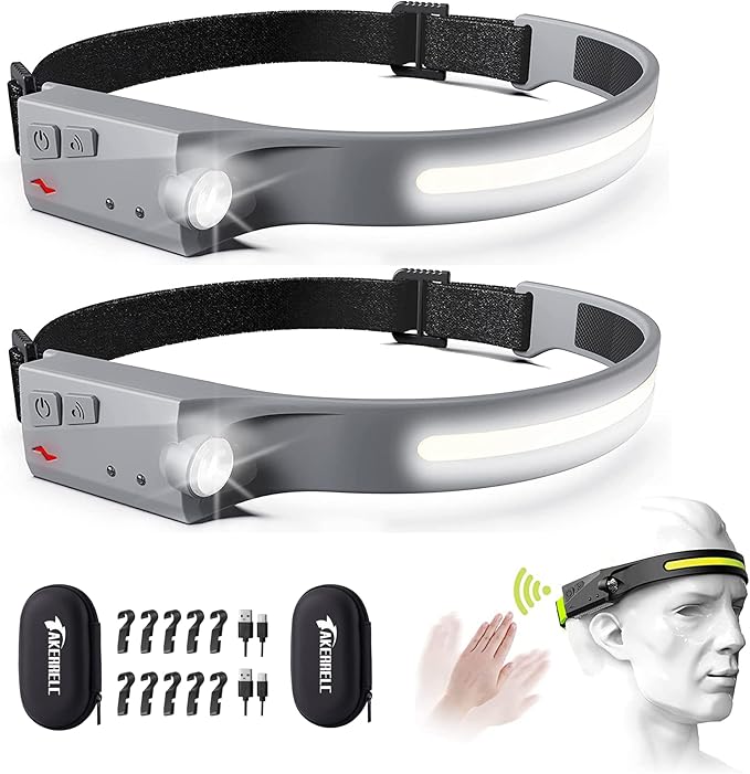 Headlamp, Rechargeable LED Headlamp with Motion Sensor, Up to 1200 lumens and 10 Hours Runtime, 10 Clips and 2 Cases, Waterproof Camping Gear for Hiking, Fishing, Cycling, Repairing