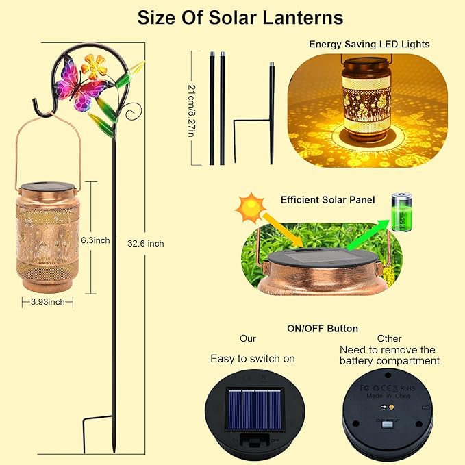 2 Pack Butterfly Solar Lanterns Outdoor Waterproof Solar Garden Decor, Birthday Gifts for Women Mom Grandma, Metal Hanging Lights with Shepherd Hook for Outside Yard Patio Pathway Backyard Porch