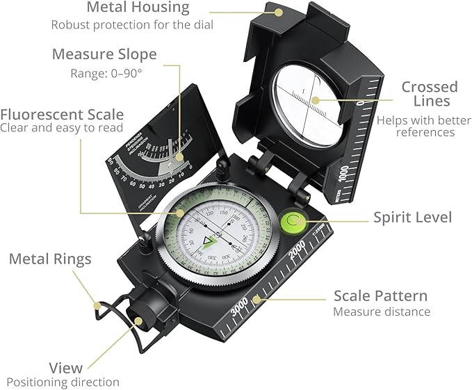Compass Hiking Survival, IP65 Waterproof Metal Compass with Sighting Clinometer and Carry Bag, Multifunctional, Professional, for Camping Hunting Hiking Navigation