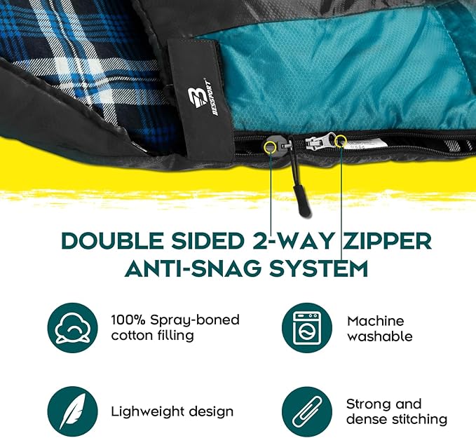 Bessport Sleeping Bag Winter | Flannel Lined 18℉ - 32℉ Extreme 3-4 Season Warm & Cool Weather Adult Sleeping Bags Large | Lightweight, Waterproof for Camping, Backpacking, Hiking