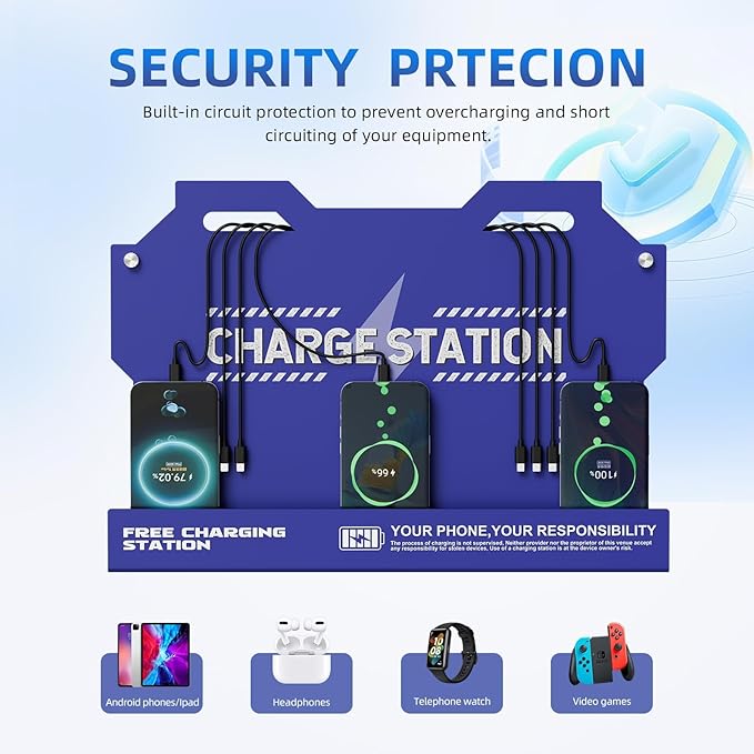 Mechanical Type Wall Mounted Charging Station with 8 PortHigh Speed Cables - Universal Dock for Apple, Type-C & Android Devices, Perfect for Airports, Hotels, Offices, School (Blue)