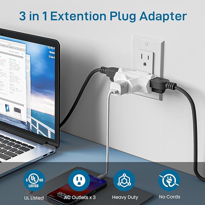 K KASONIC - 3-Outlet Grounding Adapter, [UL Listed] Plug Extender, Heavy-Duty Grounded Power Tap - 3 Pack (White)