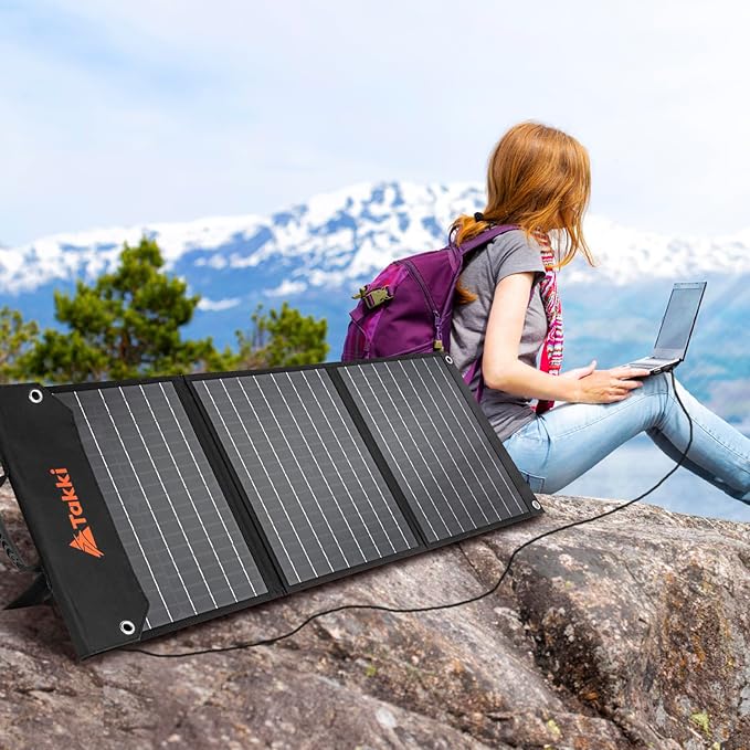 Takki 60W Solar Panel Foldable Solar Charger Kit with USB DC Type-C Ports for Portable Power Station Generator Camping Outdoor, 10 Connectors