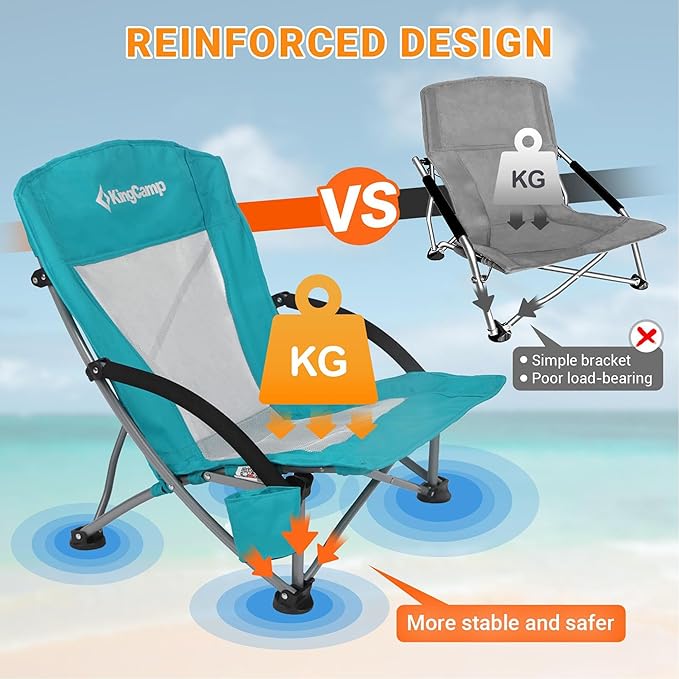 KingCamp Low Beach Chairs, Portable Folding Chair for Adults Extra Wide Ergonomic High Back Seat 300lbs Heavy Duty Lightweight Oversized Gear with Carry Bag for Outdoor Lawn Camping Picnic