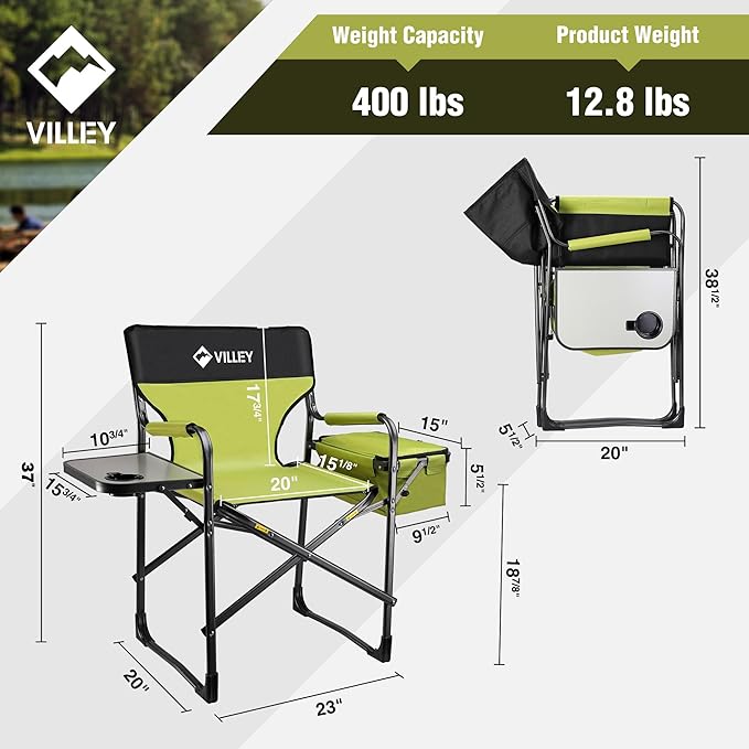 VILLEY Heavy Duty Directors Chair, Folding Camping Chairs, with Cooler Bag Portable Foldable Chair, for Camp Tailgating Lawn Picnic Fishing Beach, Supports 400 LBS, Green