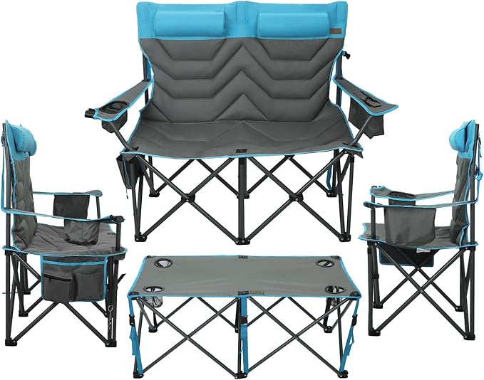 Oversized High-Back Camping Chairs with Pillow, Dual Cup Holders & Cooler Bag - Heavy Duty Foldable Outdoor Chair for Adults4PC (1, BLUEGREY-4PC-SET)