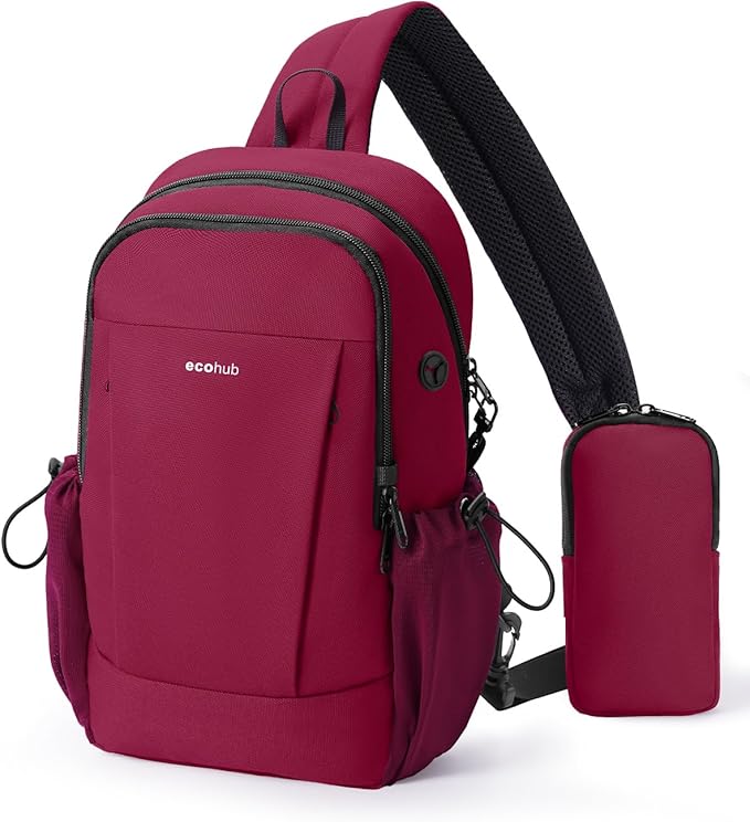 ECOHUB Crossbody Bags for Women Men, Anti-Theft RFID Blocking Roomy Sling Backpack with Sturdy SBS Zippers Water Resistant Chest Shoulder Bag Daypack with 9 Pockets Casual Outdoor Hiking, Red