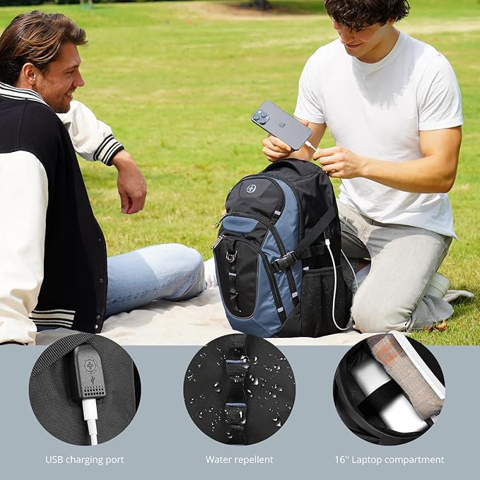 Swissdigital Design Laptop Backpack, Travel Backpack with USB Charging Port Fits 15.6 inches Computer, 31L College School Bookbag for Men,Haze Blue/Black | SD803-16