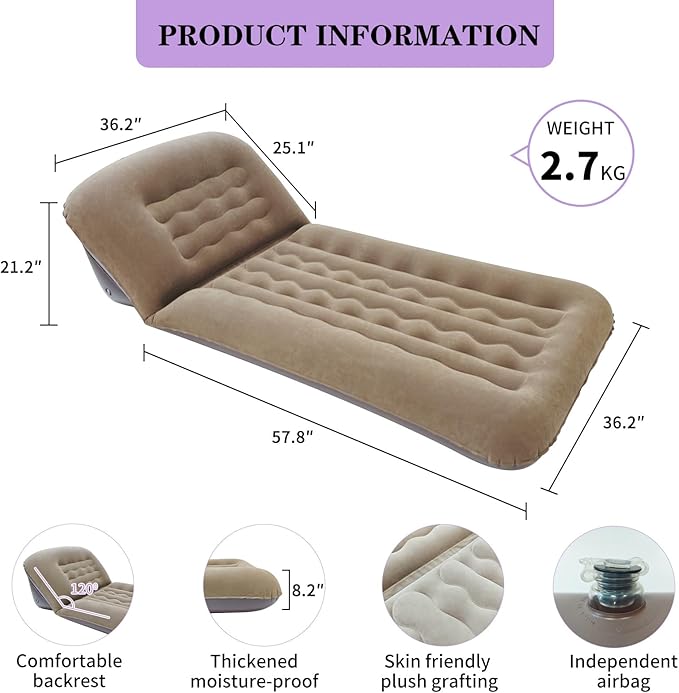 Inflatable Camping Air Mattress with Adjustable Backrest, Flocking Portable Recliner Air Sofa Bed, Blow-Up Sleeping Pad Sofa for Outdoor Hiking, Beach, Tent, Travel – Fast Inflation with Pump