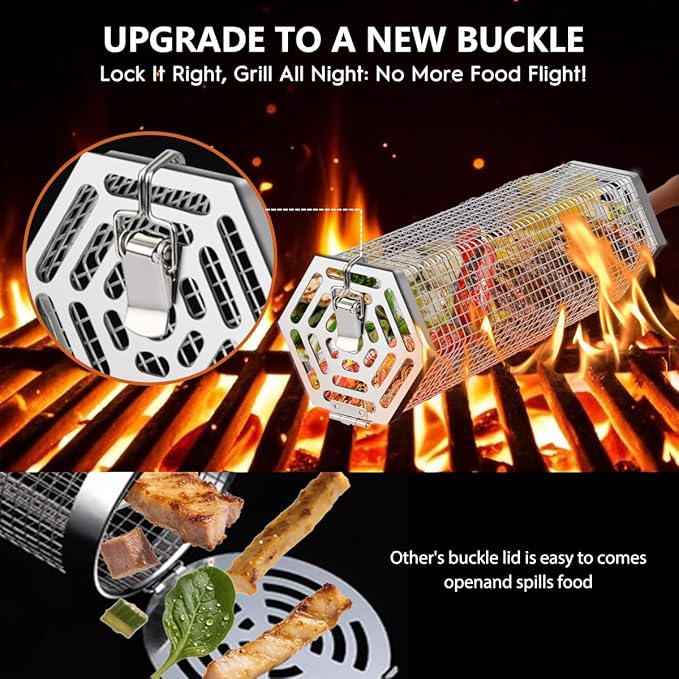 5PCS Grill Baskets For Outdoor Grill,Upgrade Buckle Rolling Nesting Grill Baskets,BBQ Accessories Tools Set With Brush,Tongs For Vegetables Camping,Birthday Gifts For Men Dad Husband,Fathers Day