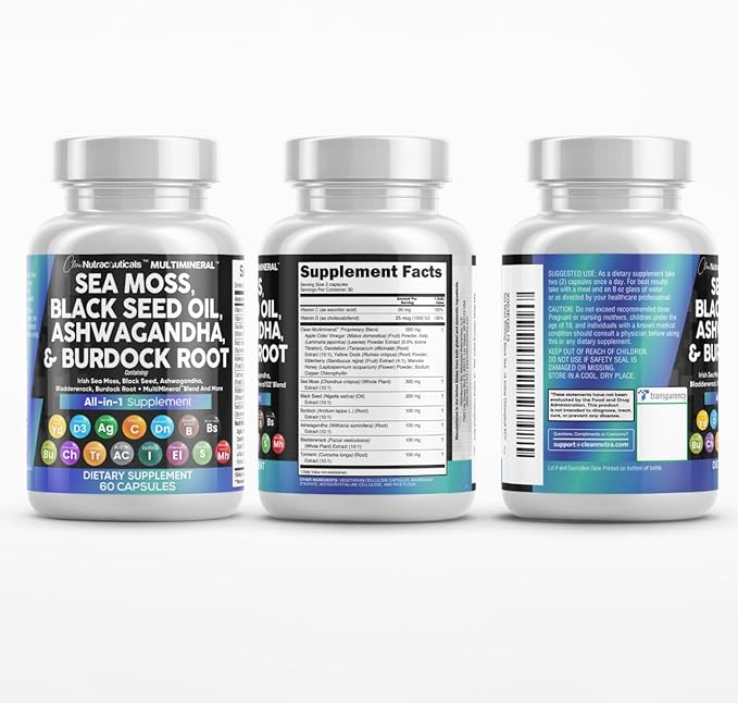 Clean Nutraceuticals Sea Moss Black Seed Oil Ashwagandha Turmeric Bladderwrack Burdock & Vitamin C Vitamin D3 with Elderberry Manuka Dandelion Yellow Dock Iodine Chlorophyll ACV