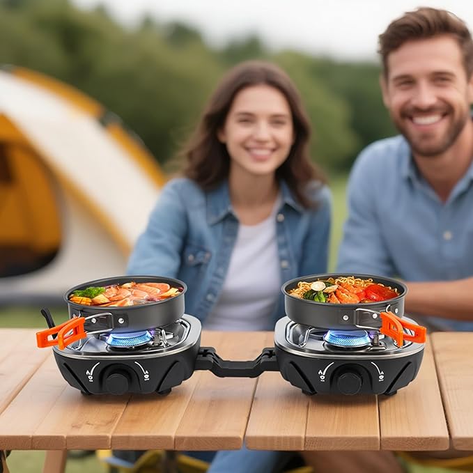 Propane Camping Stove 20,000 BTU - Portable 2 Burner Gas Stove with Adjustable Flame Control, Piezo Ignition, Carry Bag & Propane Adapter Hose, Folding Design for Camp, BBQ, Tailgating, Black