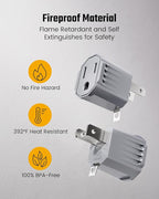 2 Prong to 3 Prong Outlet Adapter, ETL Listed 3-2 Prong Adapter, Fire-Retardant (392℉) PBT Material, Heavy Duty Wall Plug Adapter for Old Homes, Travel to Japan, Gray (Light Gray (4-Pack))