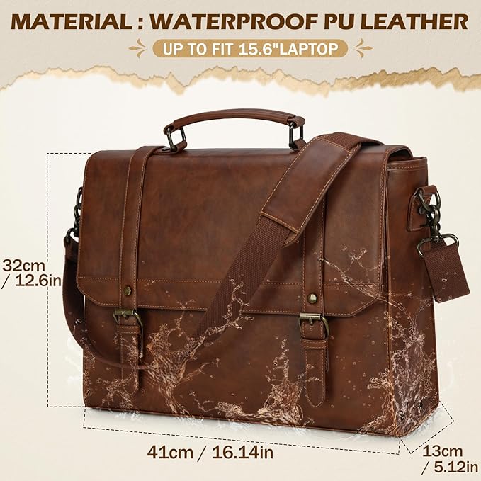 IGOLUMON Messenger Bag for Men 15.6 inch Vintage Leather Waterproof Laptop Briefcase Large Computer Laptop Bag Leather Satchel Bag Retro Shoulder Bag for Office Business Travel College, Brown