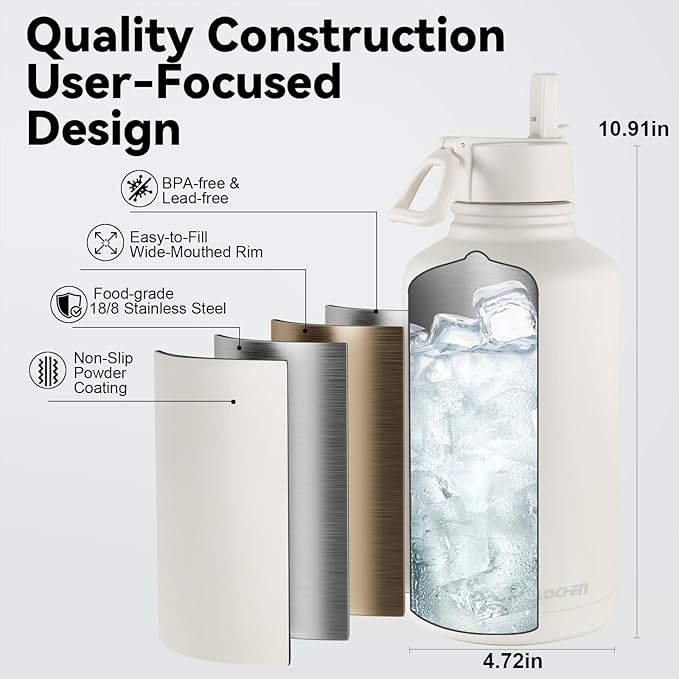 KXIAOCHEN Insulated Water Bottle, Stainless Steel Water Bottle, 2 Lids (Straw and Handle Lid),Wide Mouth Metal Water Bottles Keep Hot and Cold, Double Walled, Thermo Mug, Metal Canteen