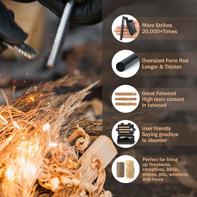 Oversized Survival Ferrocerium, Drilled Flint Fire Starter, 550 Paracord Handle, 25,000+ Sparks with EVA Case