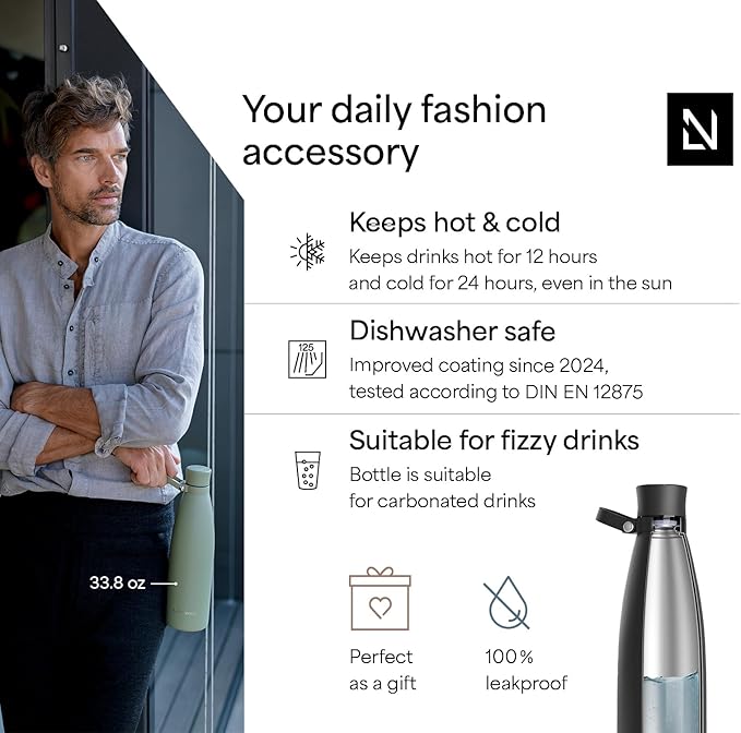 LARS NYSØM Stainless Steel Insulated Water Bottle 25 oz 34 oz | Insulated Thermo Flask for Hot and Cold Beverages | Leakproof Drinking Bottle (Carbon Black, 25.4 oz)