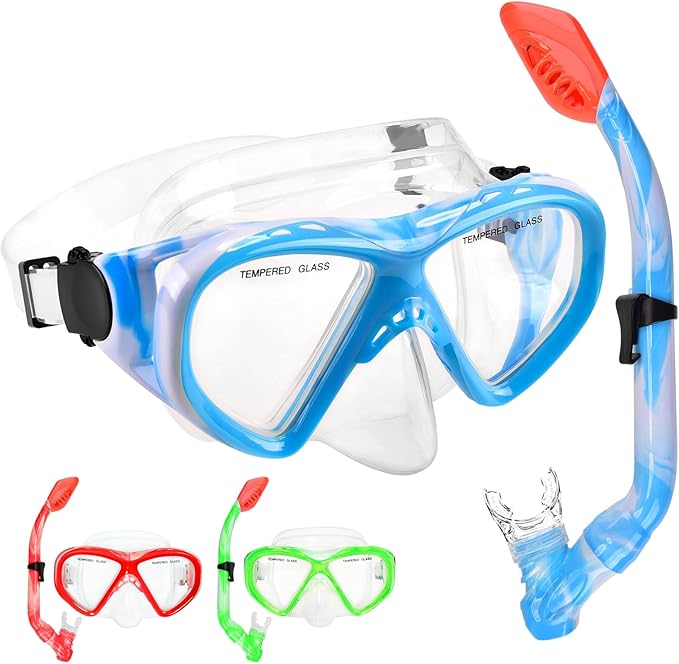 Kids Snorkel Set Dry Top Snorkeling Gear for Kids Youth Boys Girls Junior Age 5-15,Tempered Glass Swimming Diving Mask and Snorkel Set 180 Degree Panoramic View