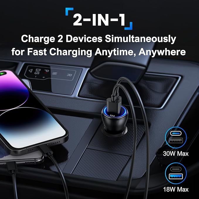 Penemay Car Charger USB Car Phone Charger, Dual Ports Car Adapter for iPhone 17 16 15 Pro Max/14/13/iPad,Samsung S26/S25 Android Cell Phone,