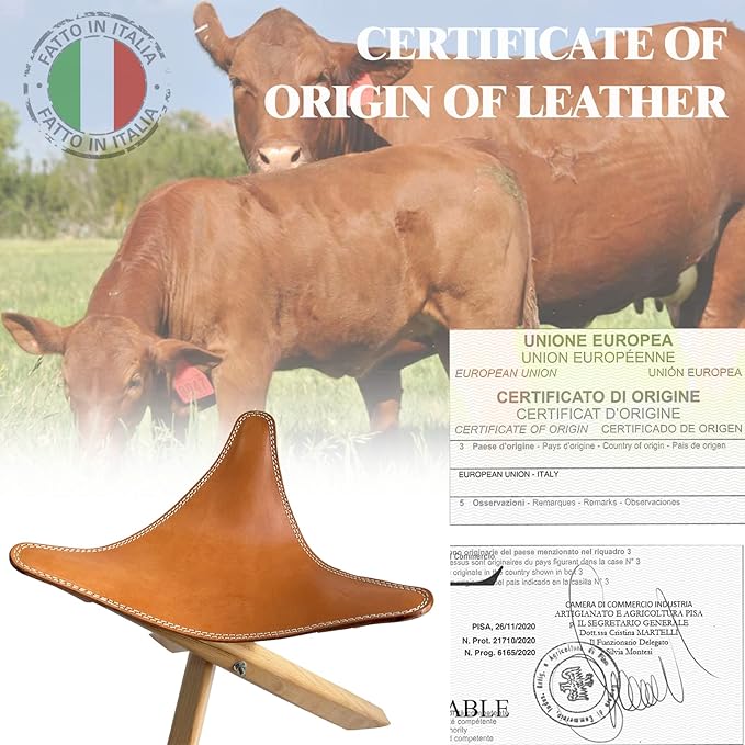Leather Stool, Portable Beech Wood Artist Folding Stool, Italian Top Vegetable Tanned Leather Seat, Home Fashion Genuine Leather Director’s Stool for Home Outdoor Camping Fishing (Three Leg)