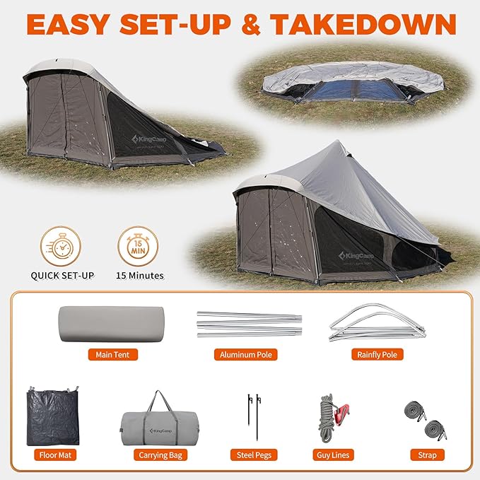 KingCamp Canvas Bell Yurt Tents, 4 Seasons Large Waterproof & Windproof Luxury Glamping Tent w/Stove Jack for Family Outdoor Camping, Hunting, Parties