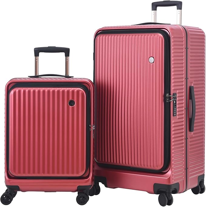 2 pieces 20/29 Aluminum Frame Carry On and Checked Luggage Set with Side Opening, Lightweight Hardshell ABS+PC Trunk Suitcase with TSA Lock, 360° Universal Wheels & Adjustable Handle,Wine Red