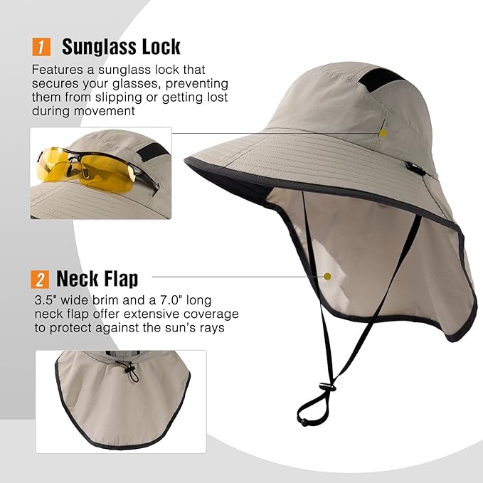 TOP-EX M/L/XL/XXL Unisex Mens Sun Hat with Neck Flap Sunglass Lock UPF 50 Wide Brim Fishing Hats Waterproof & Packable