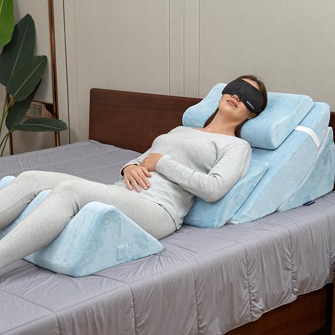 6pc Adjustable Orthopedic Wedge Pillow Set – Relieve Acid Reflux, Snoring, Back Pain & Post-Surgery Discomfort (Light Blue)