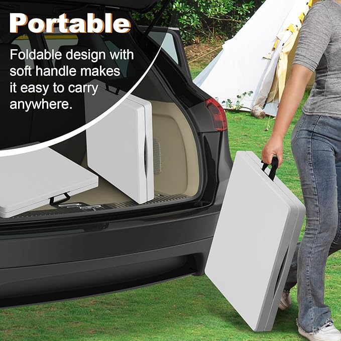 4ft Folding Table, Portable Fold-in-Half Adjustable Height Utility Table for Indoor/Outdoor Use, Durable HDPE & Steel, Stable & Lightweight, Multi-Purpose, White