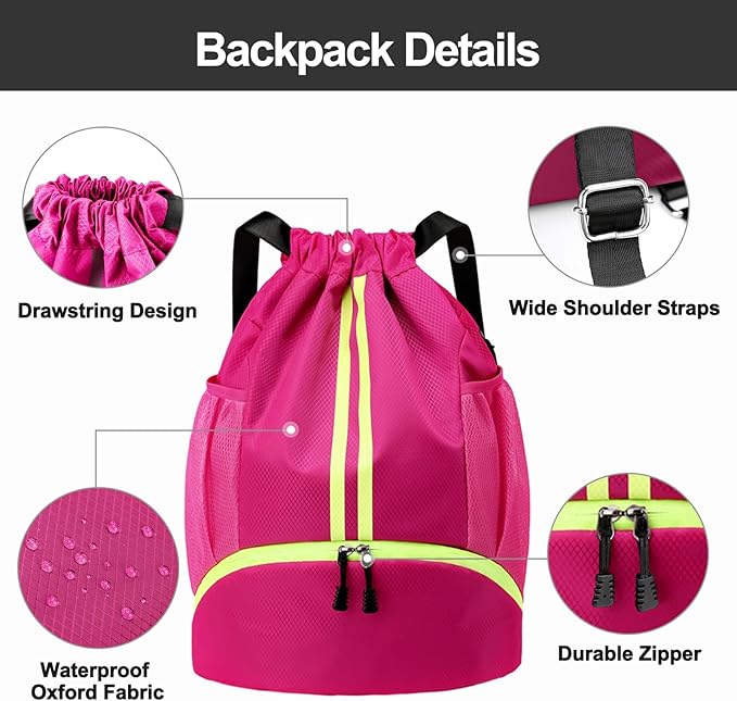 Hoedia Sports Drawstring Backpack - String Swim Gym Bag with Shoes Compartment and Wet Proof Pocket for Women&Men