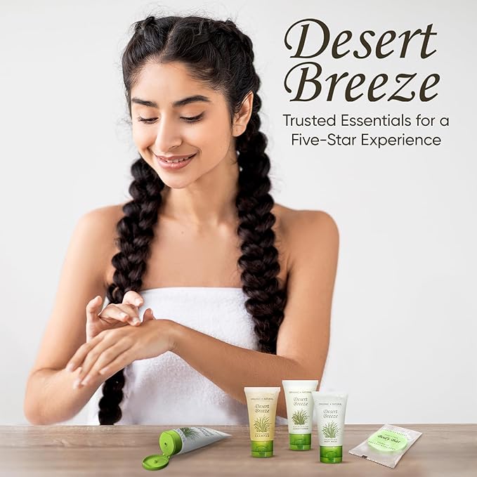 Travel Size Hotel Toiletry Set 150 Count 1 oz Bottles Guest Amenities for Vacation Rentals and Short Term Rentals Paraben Free Green Tea Lemongrass Scent Infused with Aloe and Olive Oil |Desert Breeze