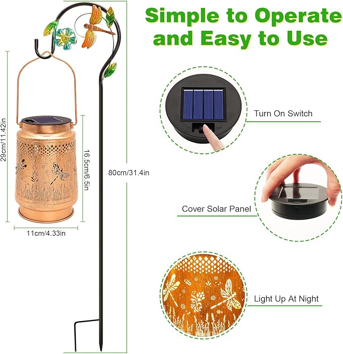 Dragonfly Solar Lanterns Outdoor Waterproof with Shepherd Hook, Birthday Gifts for Women Mom Grandma, Metal Solar Hanging Lights Garden Decor for Outside Yard Patio Pathway Backyard Porch