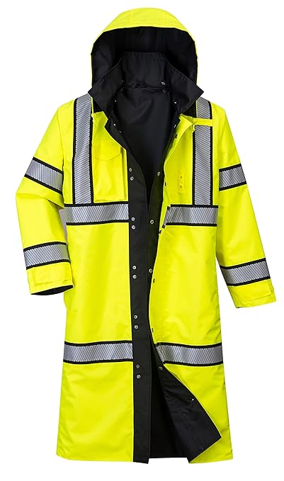 Portwest UH447 Waterproof Reversible Raincoat Hi Vis Reflective Long Safety Rain Jacket Yellow/Black, Medium
