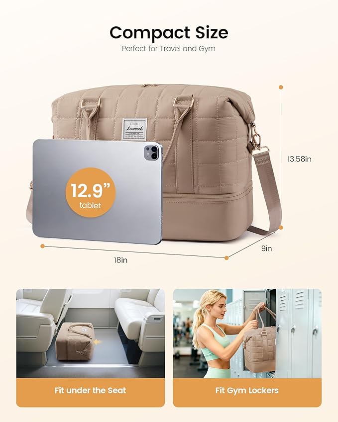 LOVEVOOK Travel Duffel Bag - Versatile Weekender Bag for Women, Puffer Carry On & Overnight Bag for Short Trips, White/Nude