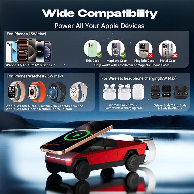 CyberDock 3-in-1 Wireless Charging Station for iPhone with Car Model 1:25 Scale, Qi2 Certified Mag-Safe Charger for iPhone iWatch AirPods, Rotating Charger with Ambient Light, 30W Adapter, Red