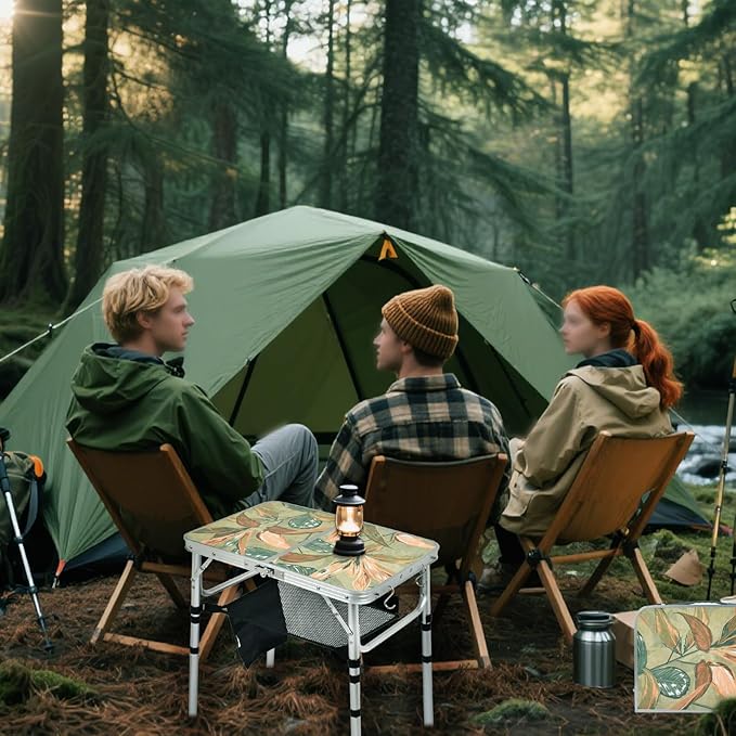 Small Folding Camping Table, 2ft Portable Picnic Table Aluminum 24" x 16" Folding Table, 3 Adjustable Heights Portable Lightweight Table Dining Table for RV, Picnic, Beach (Green Leaf)