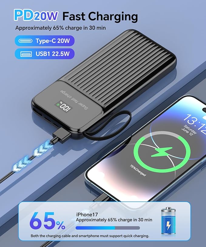 20000mAh Heated Vest Battery Pack USB 5V, Heating Vest Portable Charger USB/Type C Output Ports, Power Bank for Heated Jacket, LED Display Battery Pack for Heated Vest