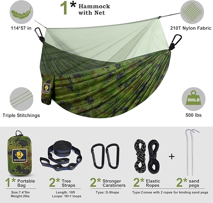 Camping Hammock with Net,Travel Portable Lightweight Hammocks with Tree Straps and Solid D-Shape Carabiners,Parachute Nylon Hammock for Outsides Backpacking Beach Backyard Patio Hiking