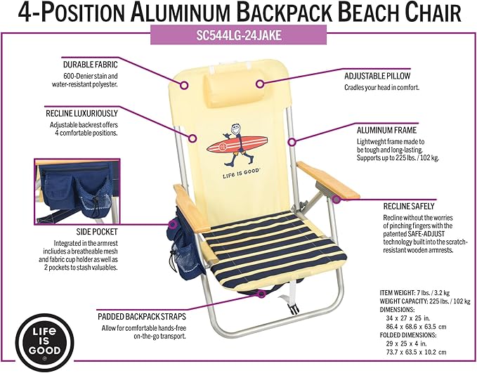 Life is Good 2-Pack 4-Position Aluminum Backpack Beach Chairs, Portable Folding Camp Chairs with Carrying Straps for Camping, Beach, Tailgating, Multi Color