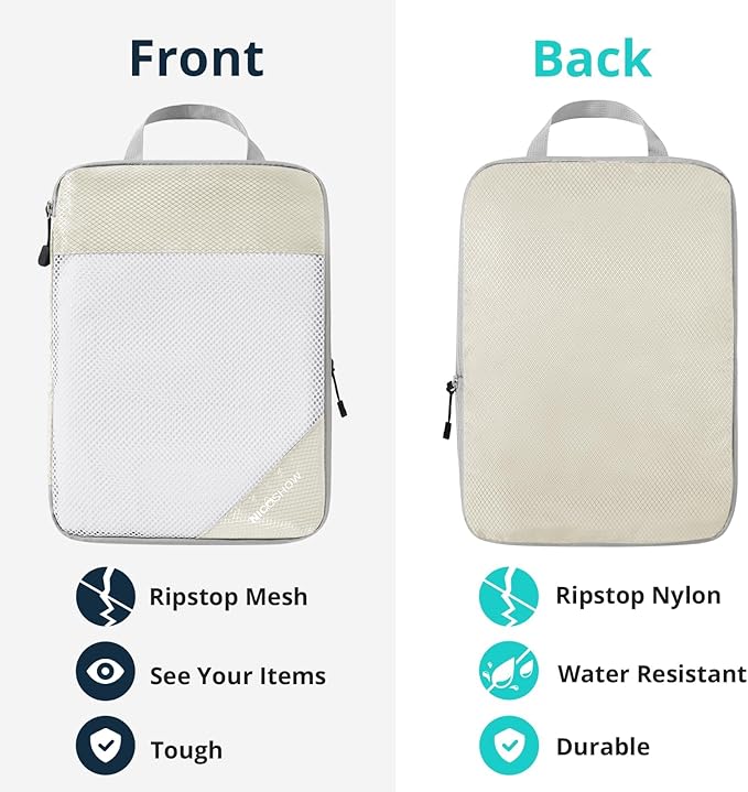 Compression Packing Cubes 3 Set, Compressible Space-Saving Packing Cubes for Travel - Compression Bags, Luggage Organizer, Travel Essentials for Women, Beige