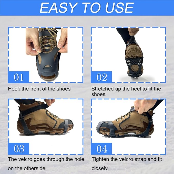 Ice Cleats for Shoes and Boots,Silicone Crampons,11 Stainless Shoe Spikes for Snow and ice,Heavy Duty Traction for Hiking,Climbing &Mountaineering,Ice Fishing (Ultra-Cold -45°C, Easy On/Off，Unisex)