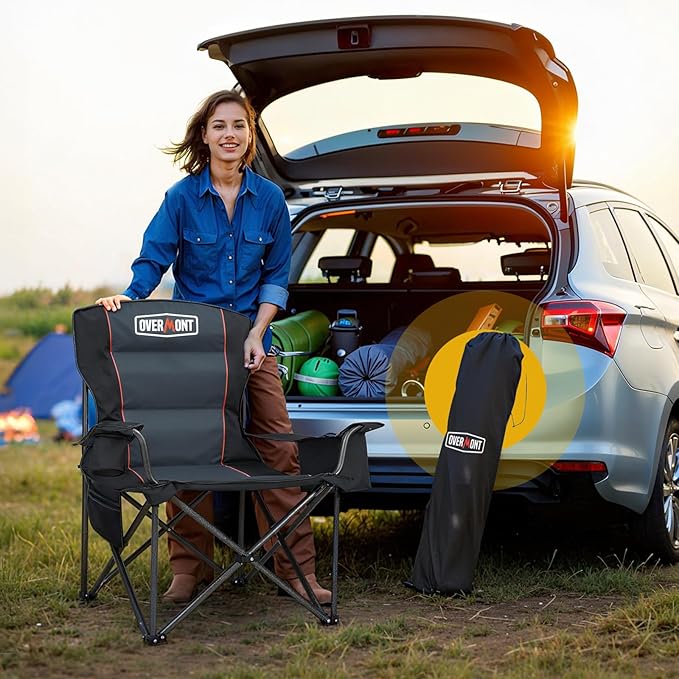 Overmont Oversized Folding Camping Chair - 450lbs Support with Padded Cushion Cooler Pockets - Heavy Duty Collapsible Chairs for Sports Garden Beach Fishing