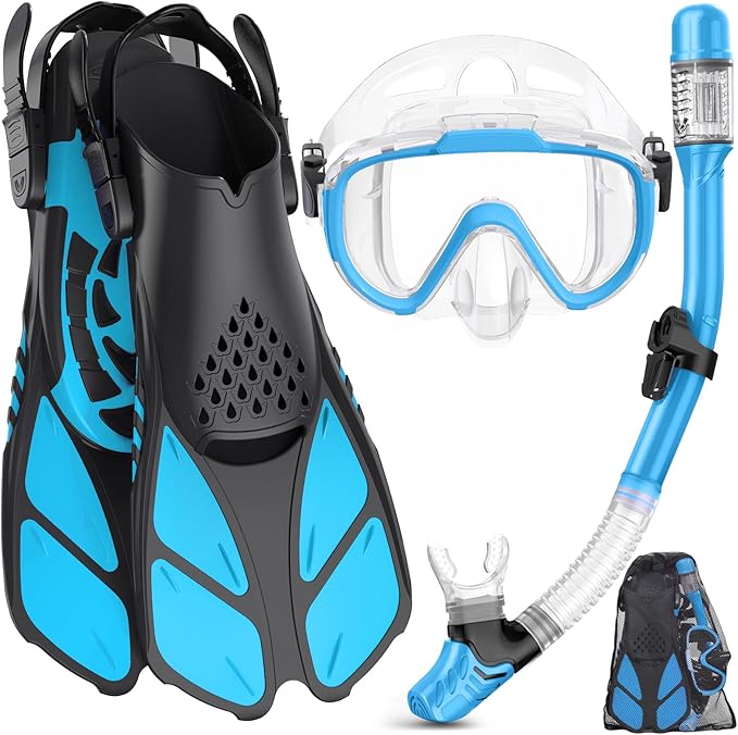 Snorkeling Gear for Adults Men Women,4 in 1 Snorkel Set with Panoramic View Diving Mask Anti-Fog Anti-Leak,Dry Top Snorkel,Fins and Travel Bag for Swimming,Snorkeling and Travel Diving