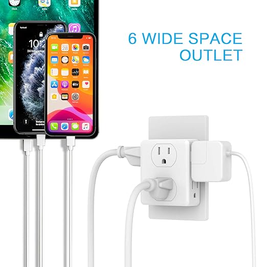 Outlet Extender, HICITY Multi Plug Outlet with 6 Electrical Outlets Adapter, 3-Prong Wall Outlet Tap for Cruise Ship Home Office Dorm, White (2 Pack)