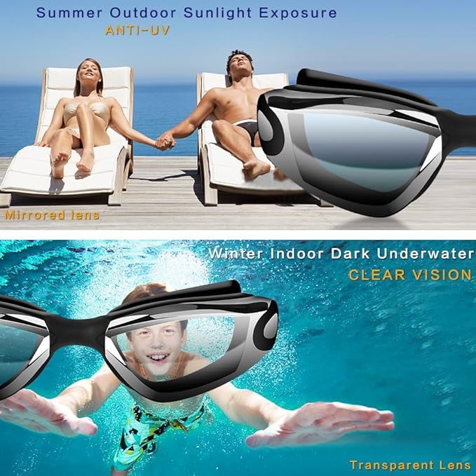 Swim Goggles Swimming Goggles No Leaking with Nose Clip, Earplugs, Swim Cap and Case for Men Women
